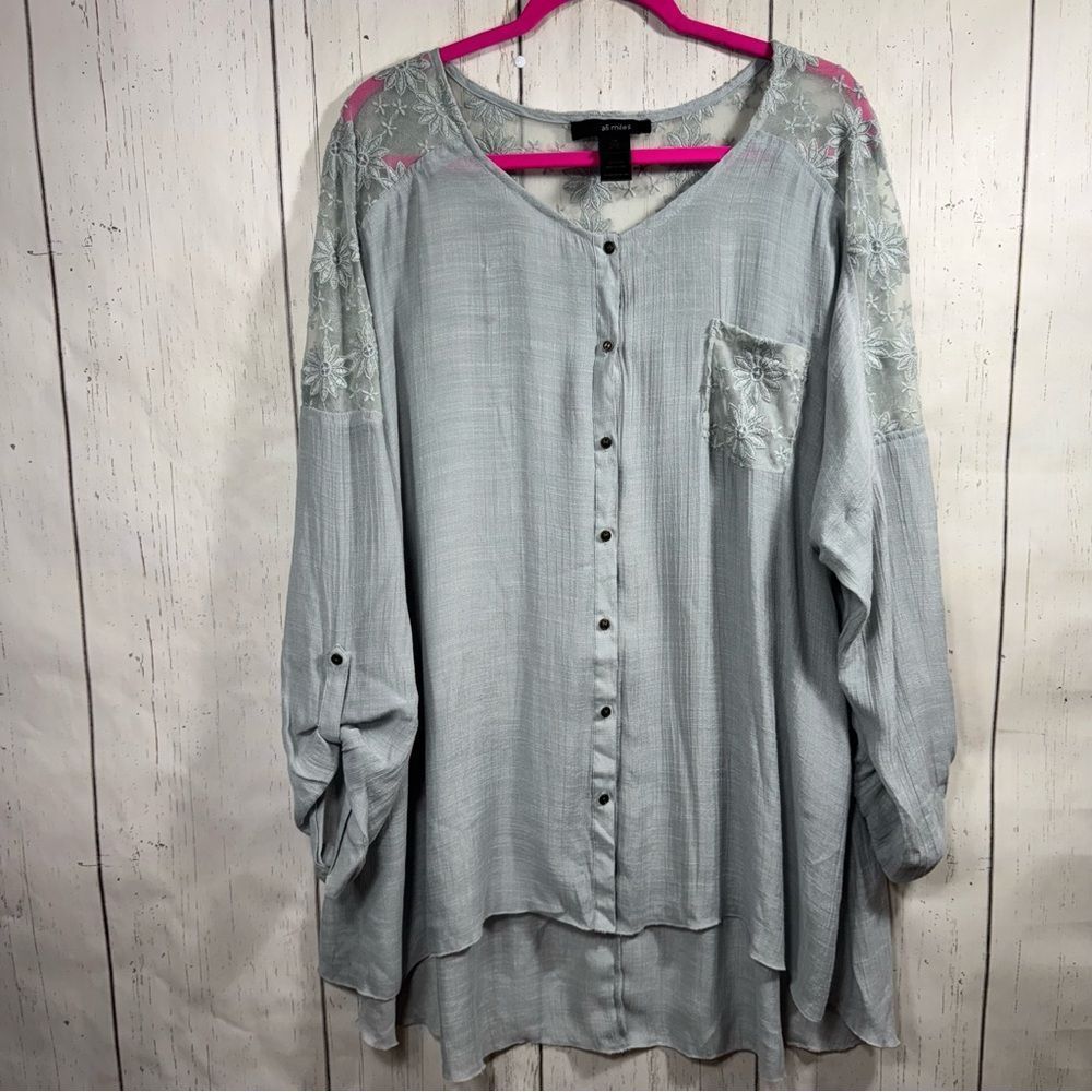 Ali Miles Sage Green Embroidered Mesh Button Front Tunic Top 2X Boho Lagenlook